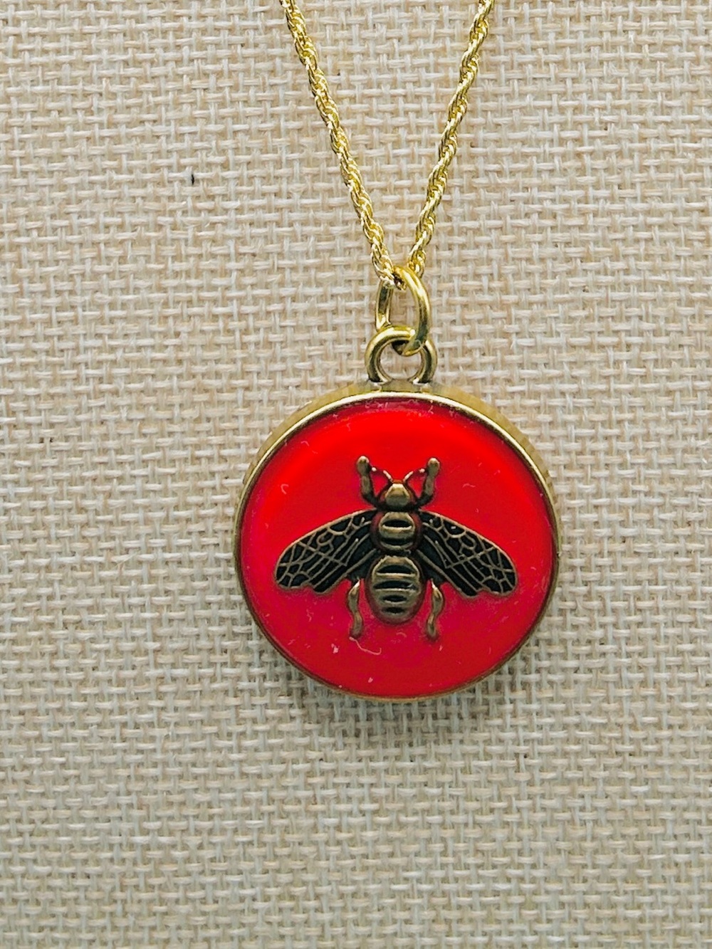 Gucci Gold Bee Pendant Necklace with Red Enamel NIB